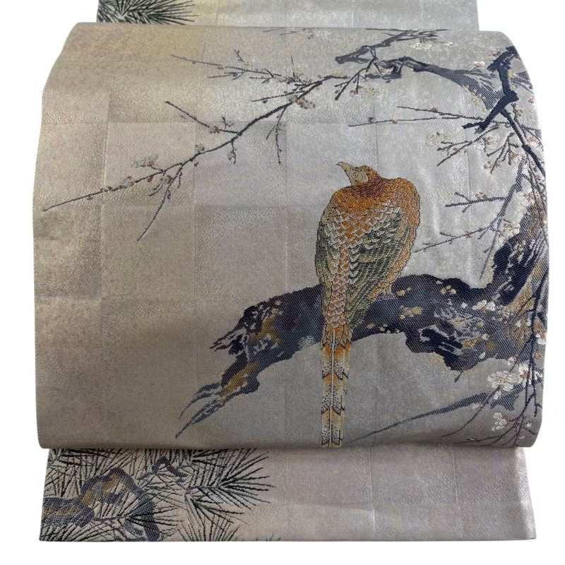 JAPANESE KIMONO BELT FUKURO OBI PURE SILK GRAY OTAIKO-GARA B6602