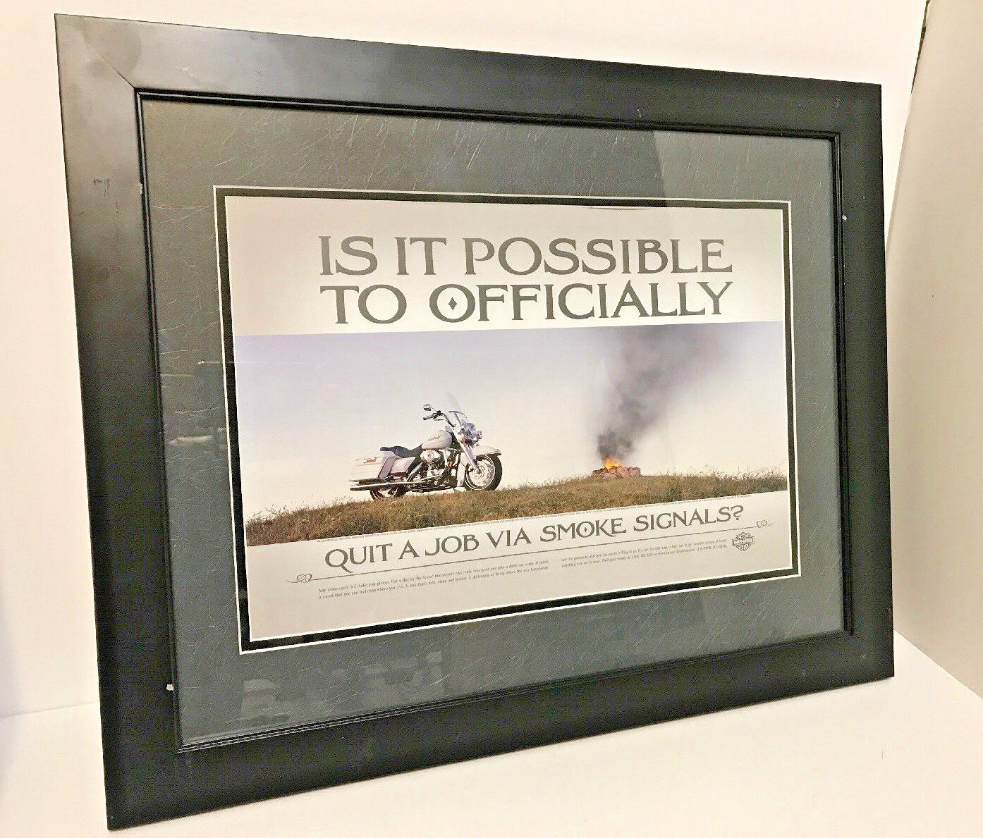 Harley Davidson Picture Framed Matted Quit a Job Via Smoke Signals Advertising 