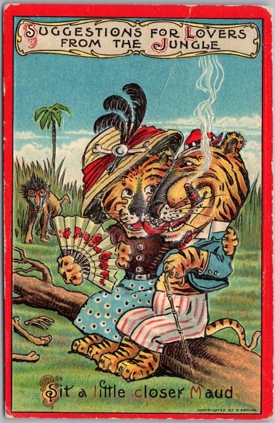 Vintage 1910s Romance Greetings / Embossed Postcard Anthropomorphic TIGERS