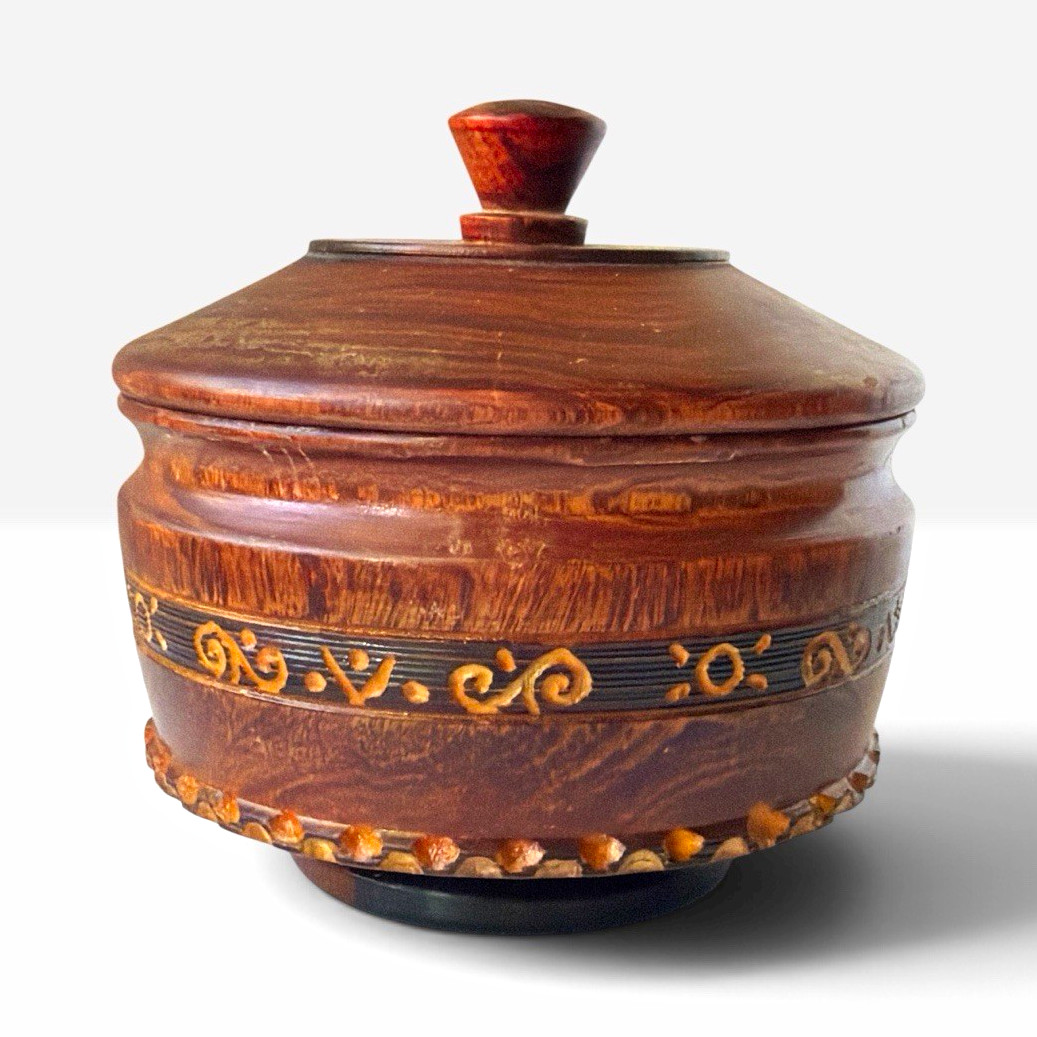 Vintage Hand Turned Wood Lidded Vessel Carved Painted Folk Art Treen Bowl Vintage Hand Turned Wood Lidded Vessel Carved Painted Folk Art Treen Bowl