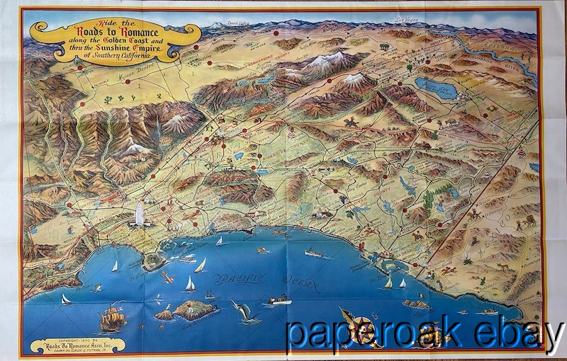 1950 Southern California\'s Sunshine Empire Large Folding Cartoon Cartograph Map
