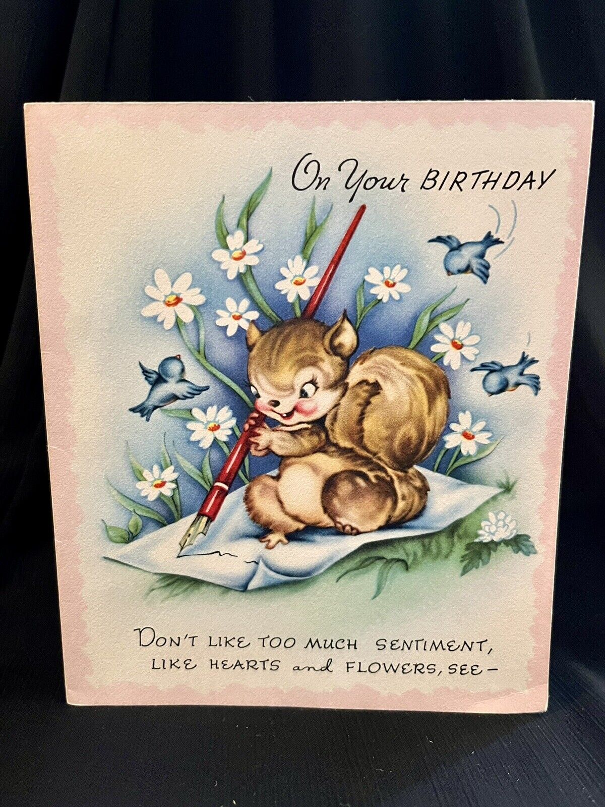 Vintage 1940’s Birthday Card Sweet Cute Squirrel Writing - Birds-Flowers-unused