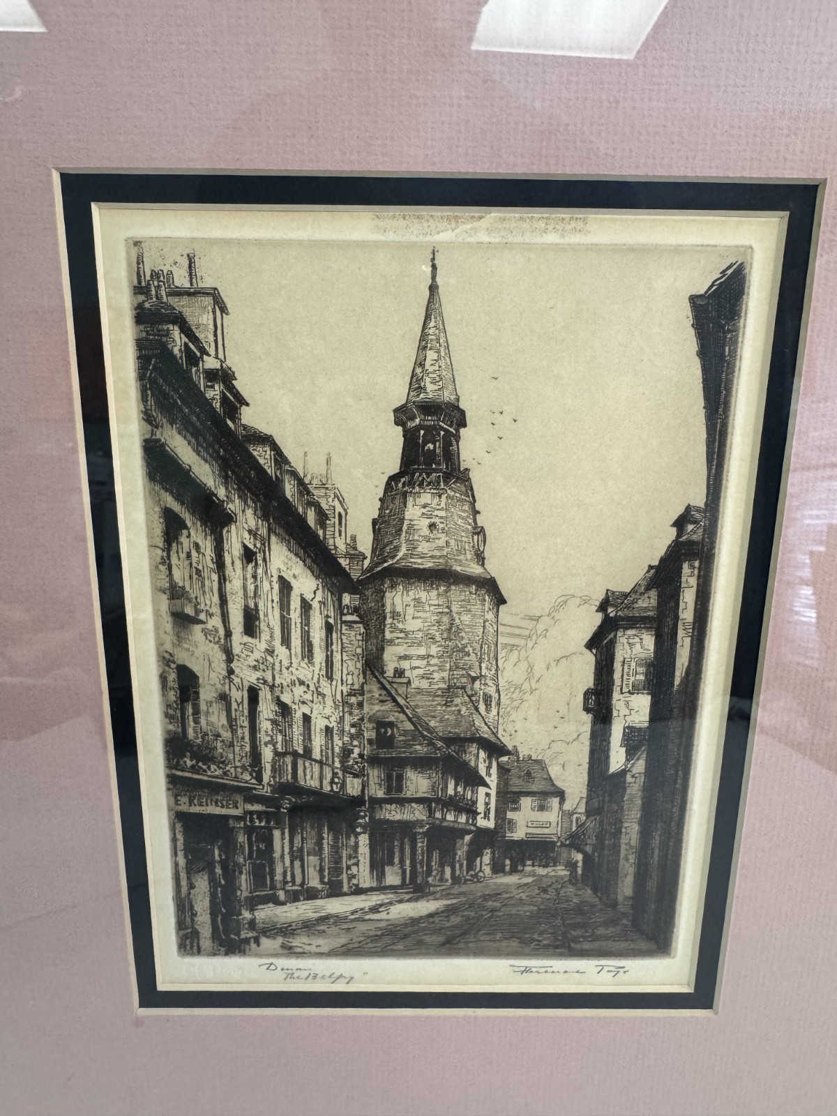 Antique Dinan Belfry Paris France Framed Etching Signed 'Taye'? Blind Stamp FATG