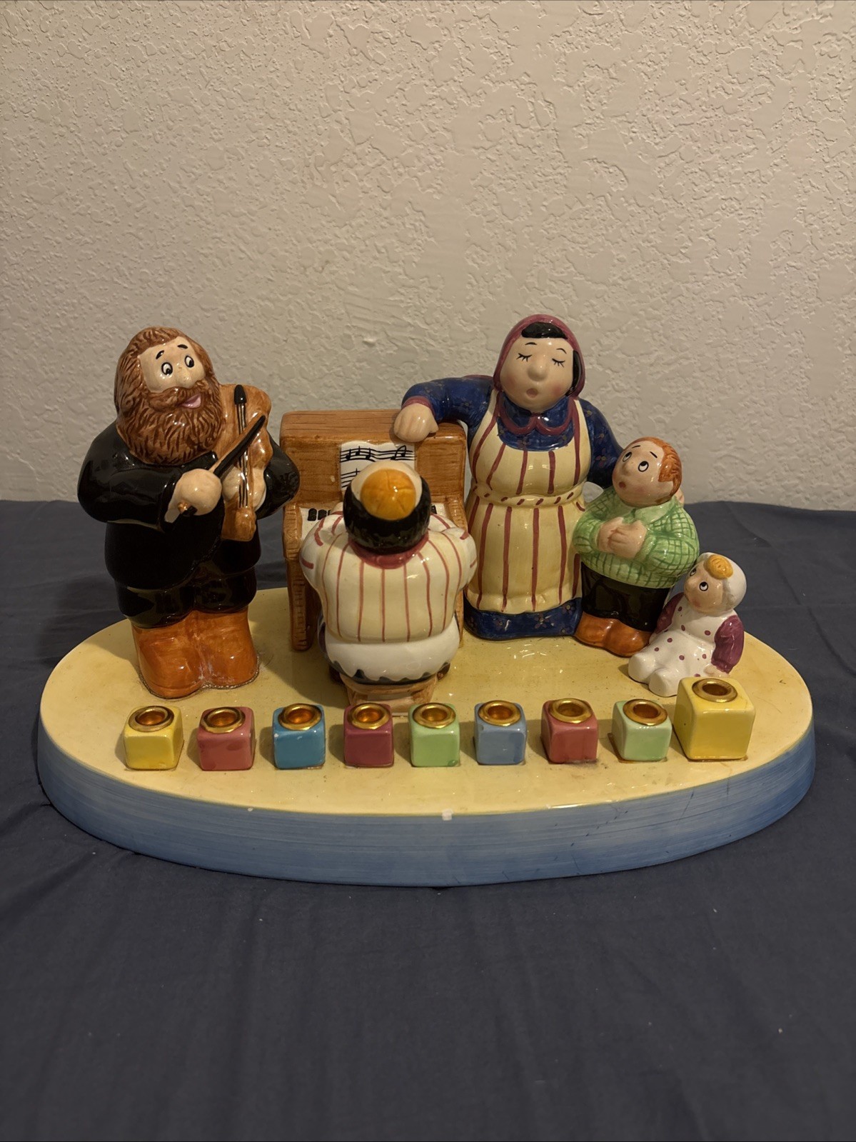 Vintage Handcraft Ceramic Klezmer/Musical Family Hanukkah Menorah (Lotus)