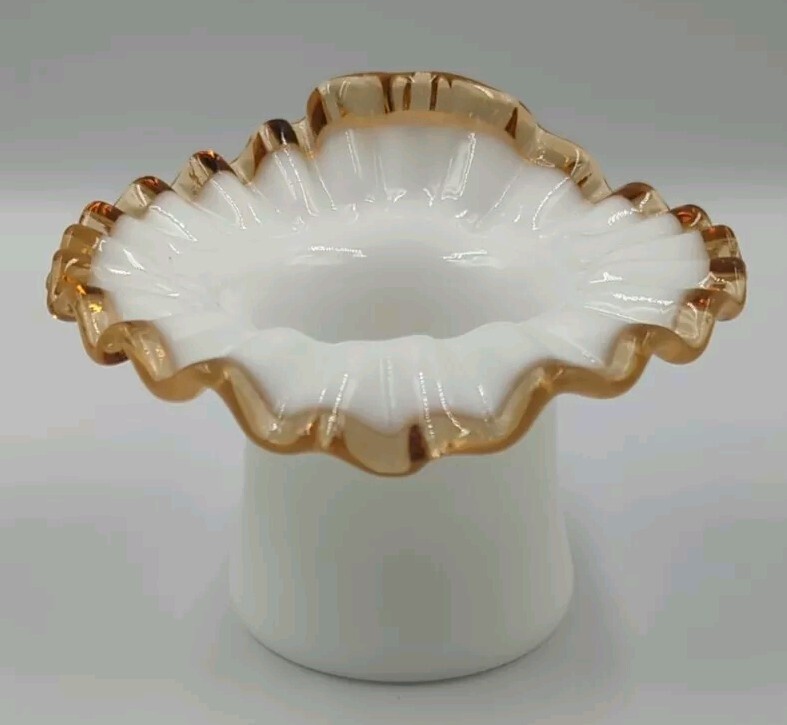Vintage Fenton Milk Glass Gold Crest Ruffled Top Hat Vase Vintage Fenton Milk Glass Gold Crest Ruffled Top Hat Vase