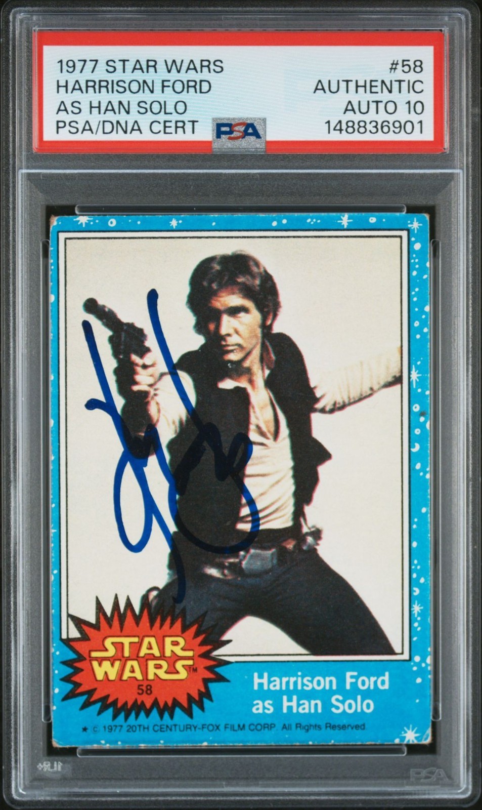 1977 TOPPS STAR WARS HARRISON FORD SIGNED RC HAN SOLO ROOKIE #58 PSA AUTO 10 1977 TOPPS STAR WARS HARRISON FORD SIGNED RC HAN SOLO ROOKIE #58 PSA AUTO 10