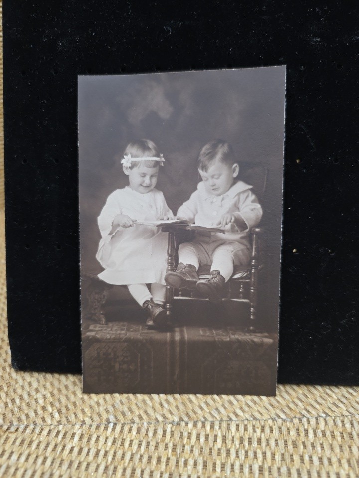 Antique 1910s Photo Children Reading Book Studio Portrait Vintage RPPC Style