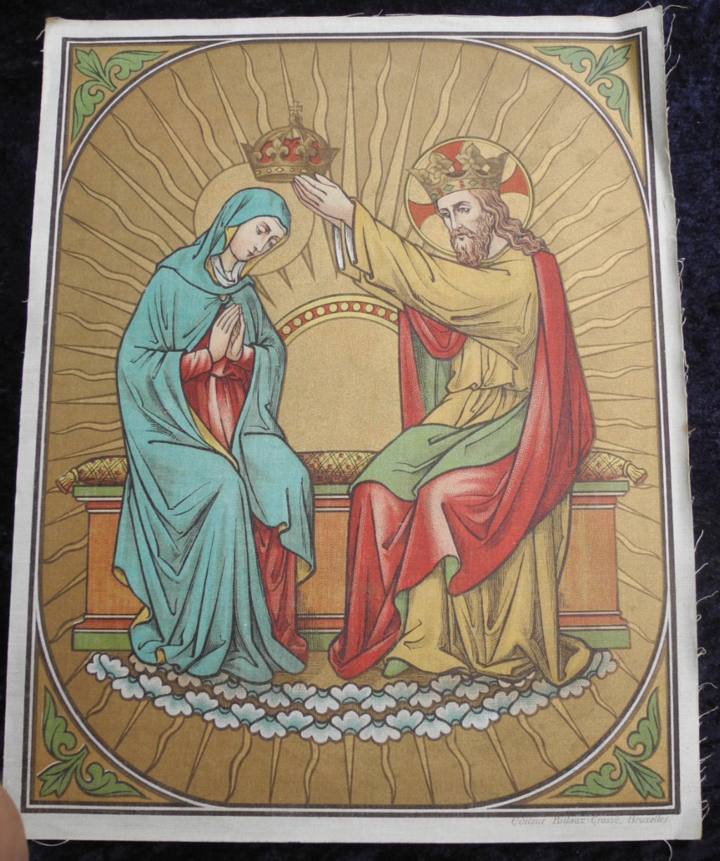 ANTIQUE CATHOLIC BROCADE FABRIC BANNER IMAGE HOLY VIRGIN MARY CROWNED IN HEAVEN