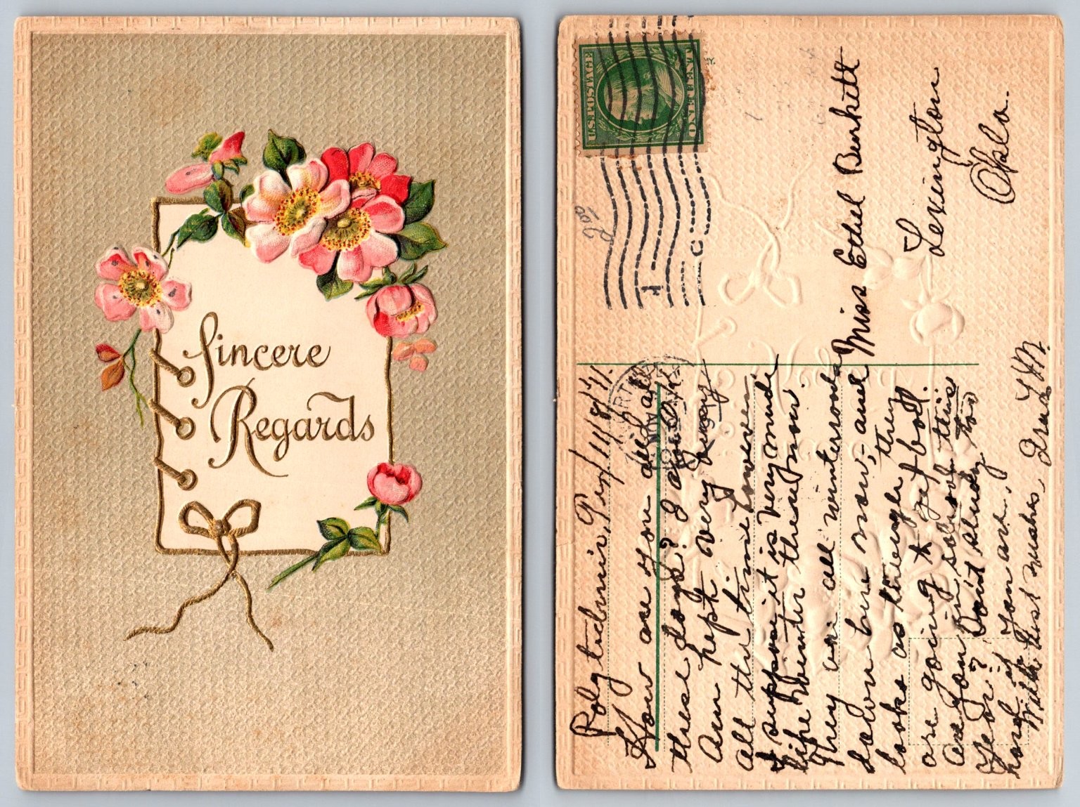Vintage 1917 Perry OK Postcard Sincere Regards Embossed Wild Roses Flowers Vintage 1917 Perry OK Postcard Sincere Regards Embossed Wild Roses Flowers
