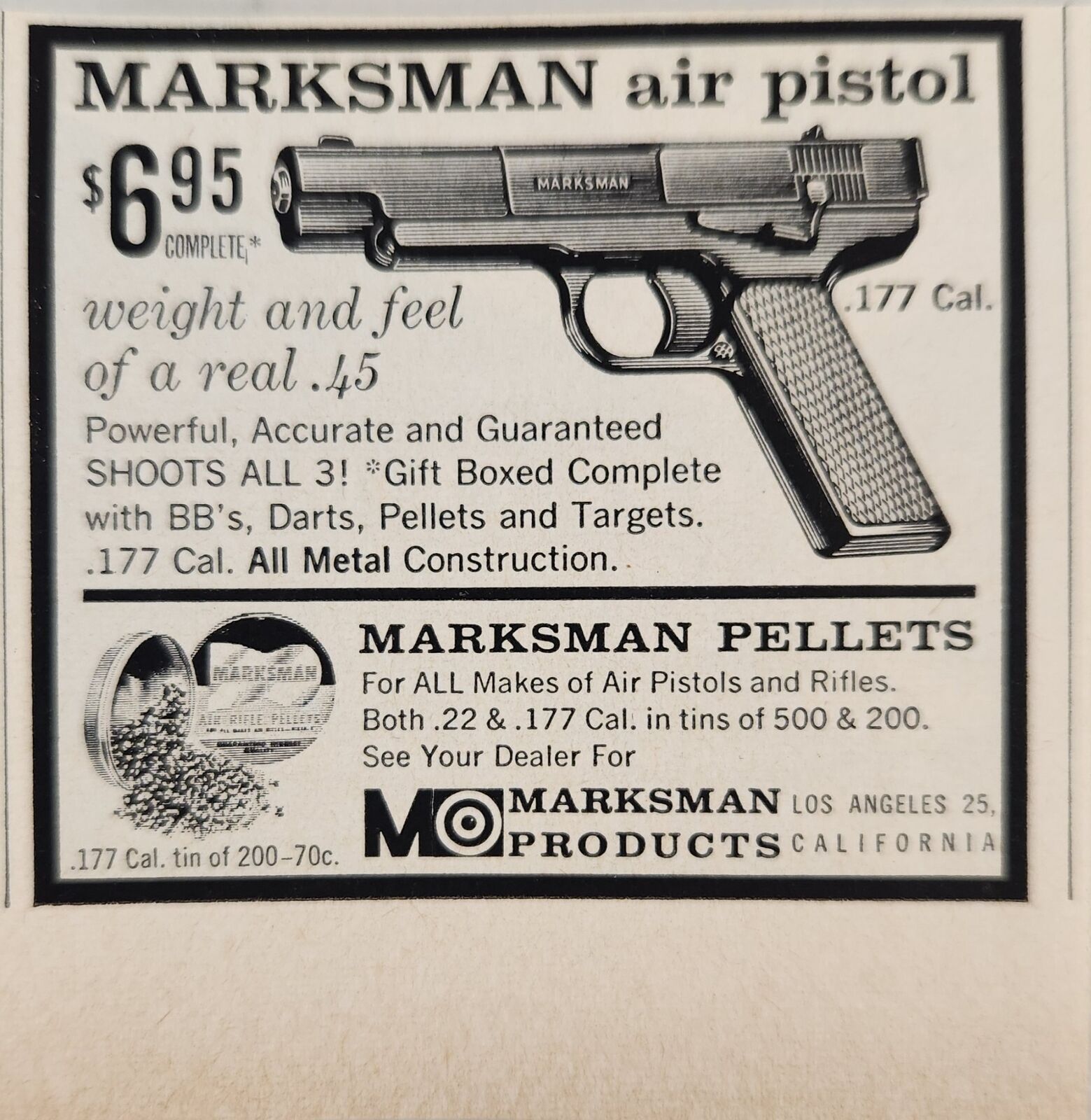 1958 Print Ad Marksman Air Pistols & Pellets .177 Caliber Los Angeles,CA