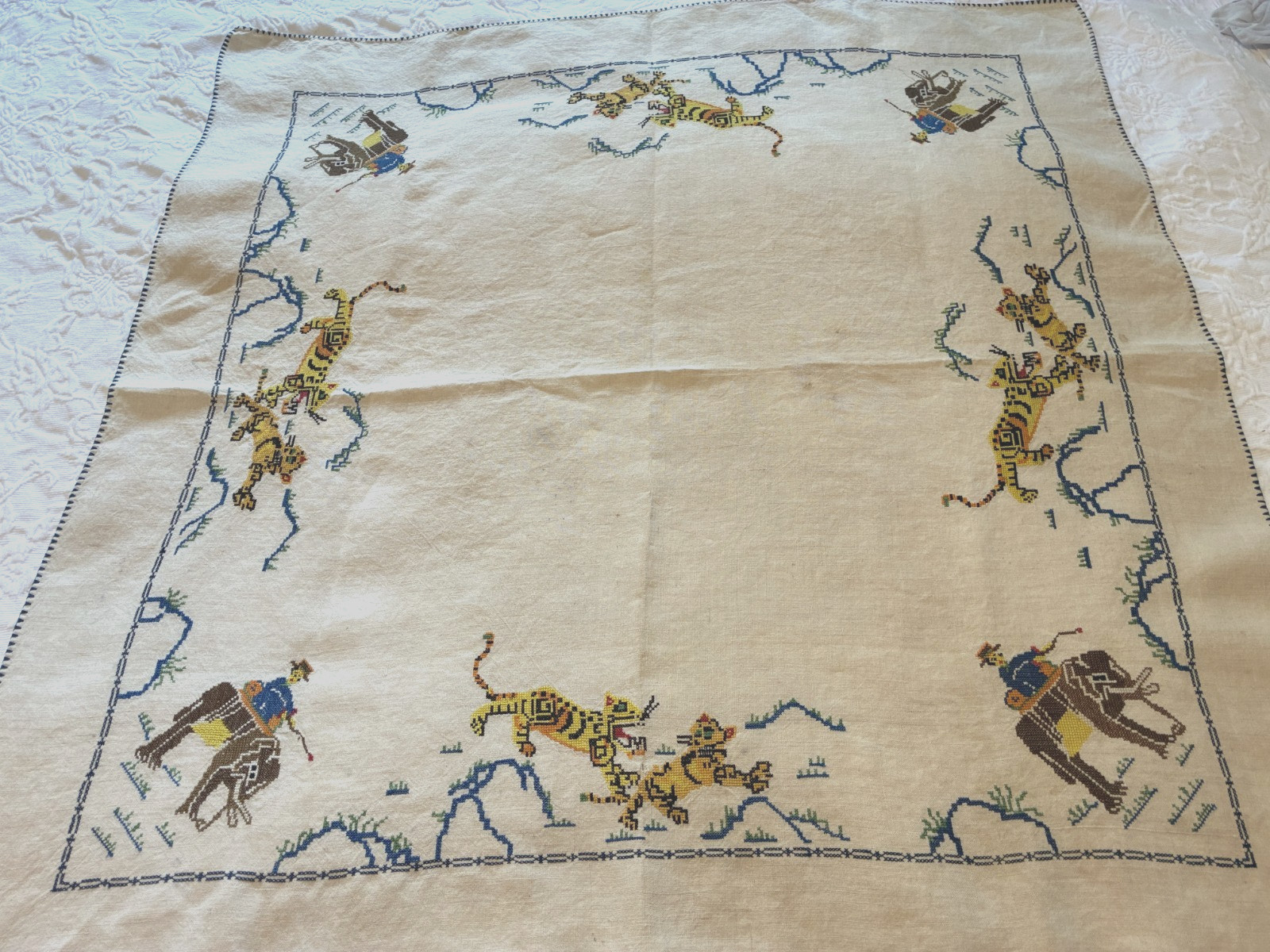 VTG Hand Embroidered Linen Cross Stitch Tablecloth Tigers & Elephants 36 x 34
