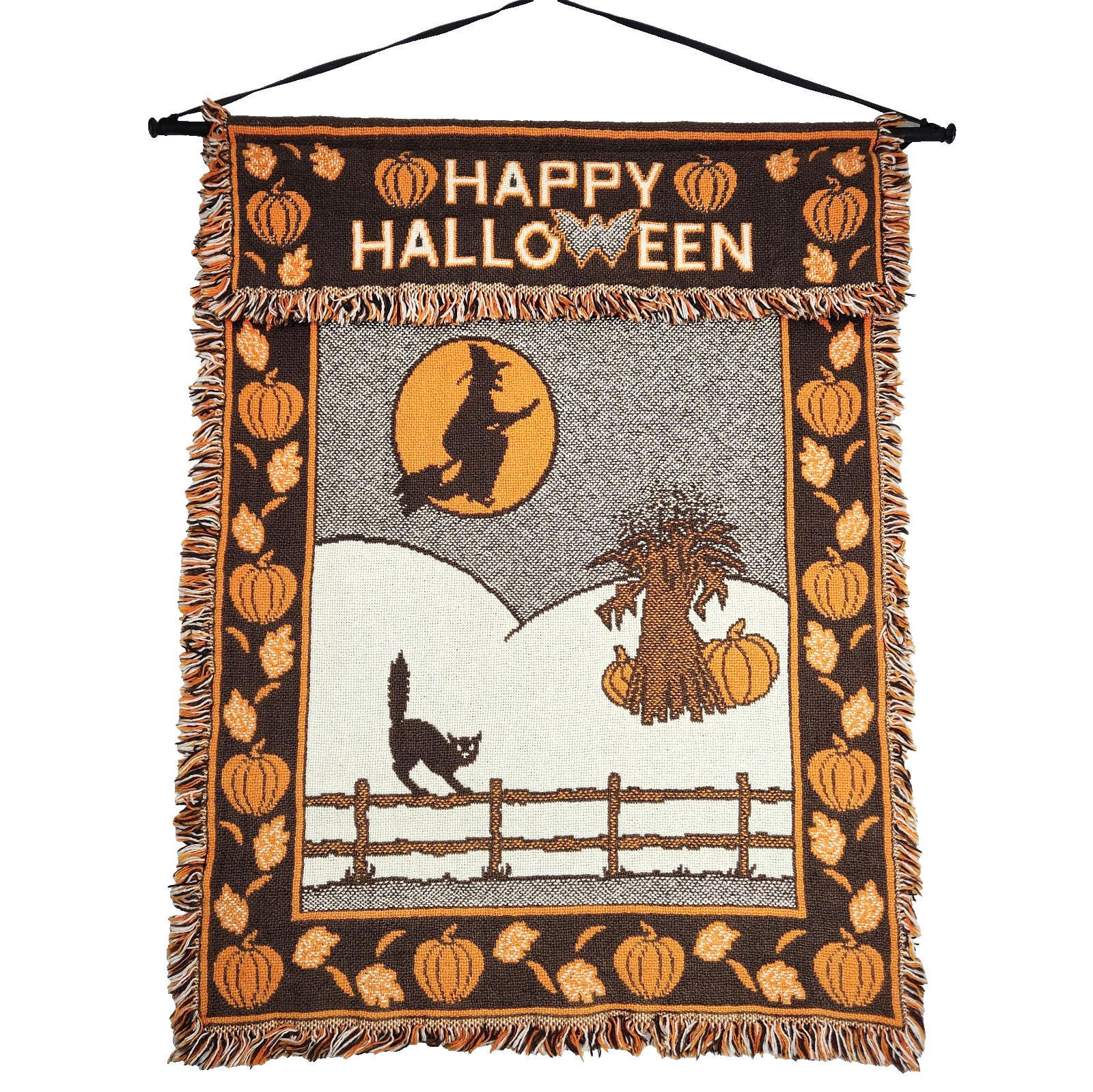 Vtg MWW 1991 Happy Halloween Tapestry Wall Hanging Witch Cat Pumpkins 26” X 29”