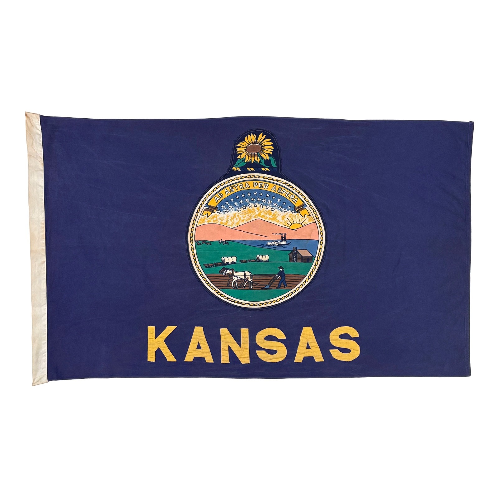 Vintage Cotton Kansas State Flag Sewn Letters Old Cloth American Textile Art Vintage Cotton Kansas State Flag Sewn Letters Old Cloth American Textile Art