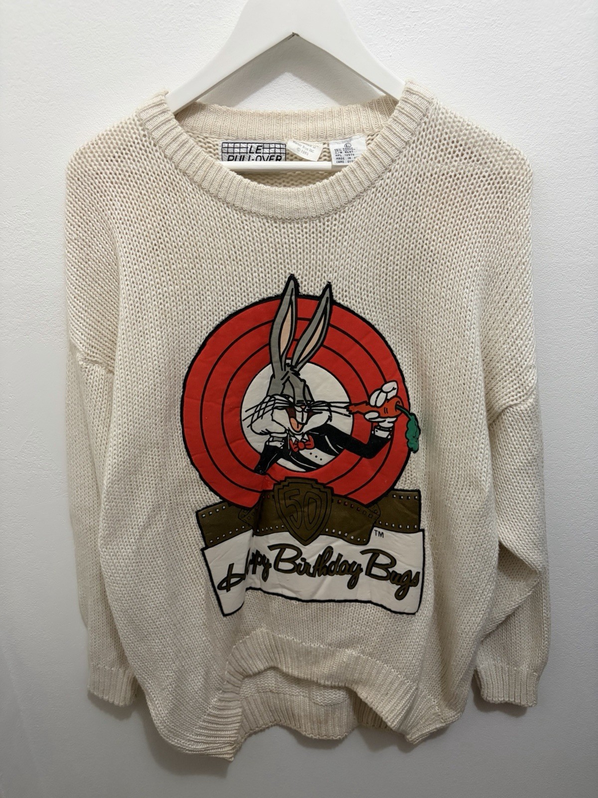 Vintage 1989 Bugs Bunny 50th Birthday Sweater Warner Bros Knit Happy Birthday L