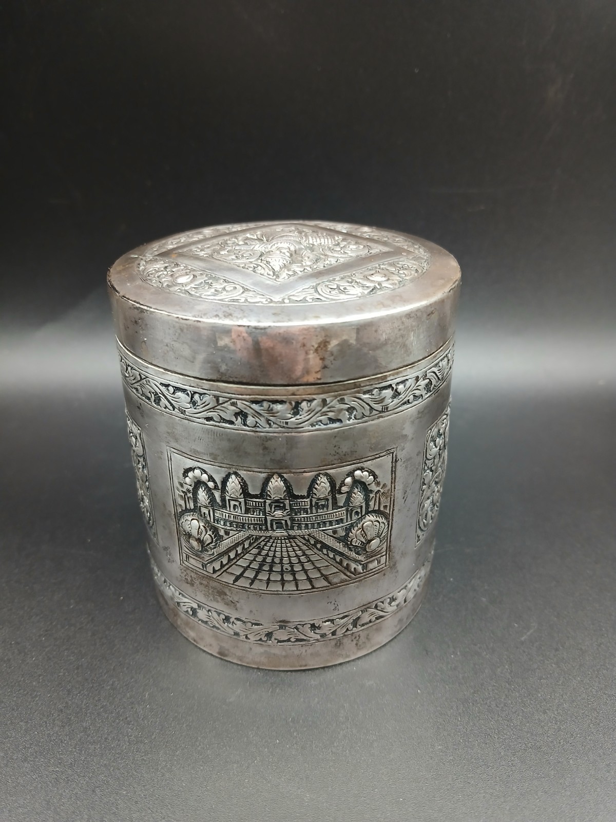vintage wood-lined repousse Cambodian silver cigarette holder/humidor marked vintage wood-lined repousse Cambodian silver cigarette holder/humidor marked