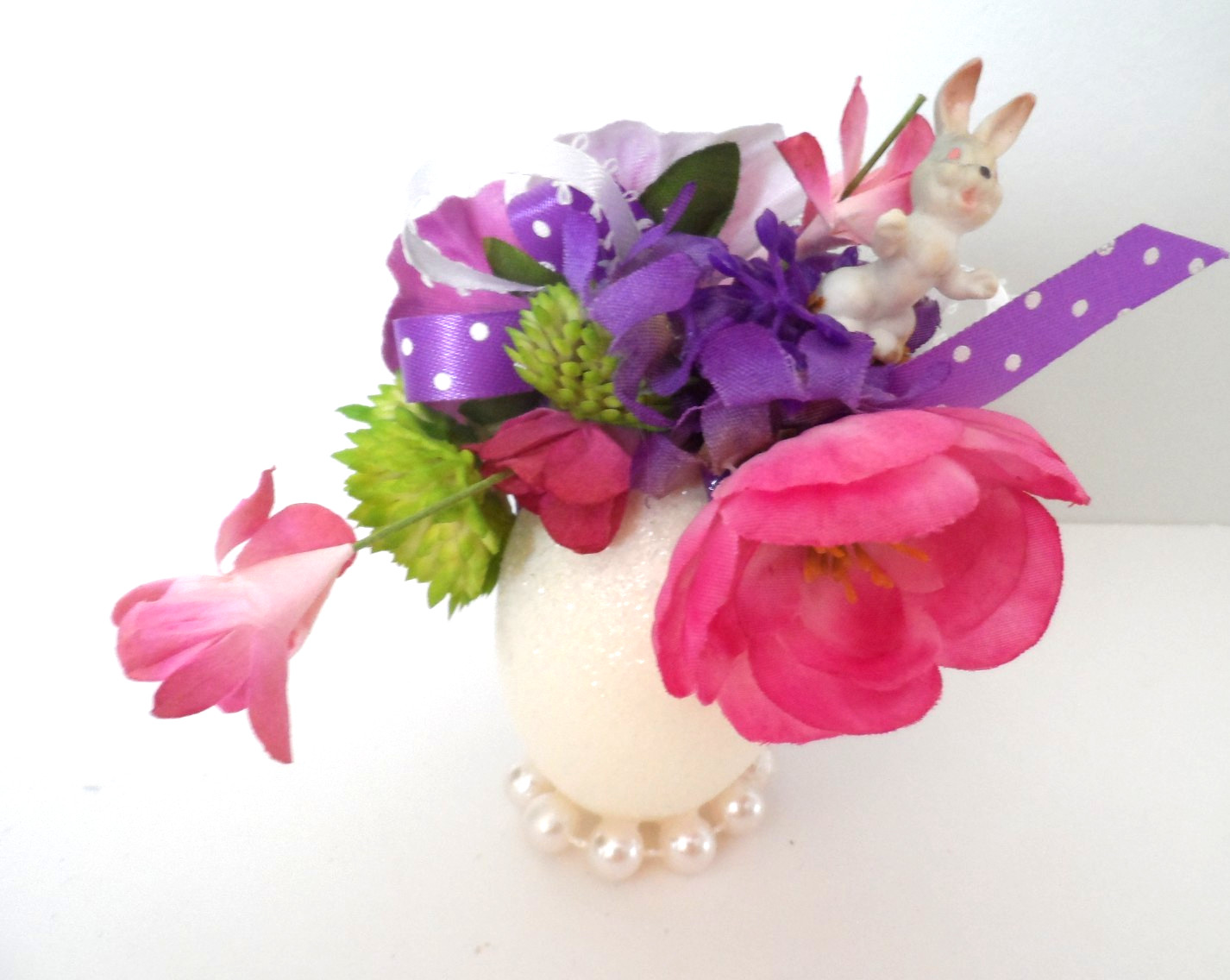Collectible Handmade Easter/Spring - EGG SHAPE FLORAL w/FLOWERS, BOWS & a BUNNY