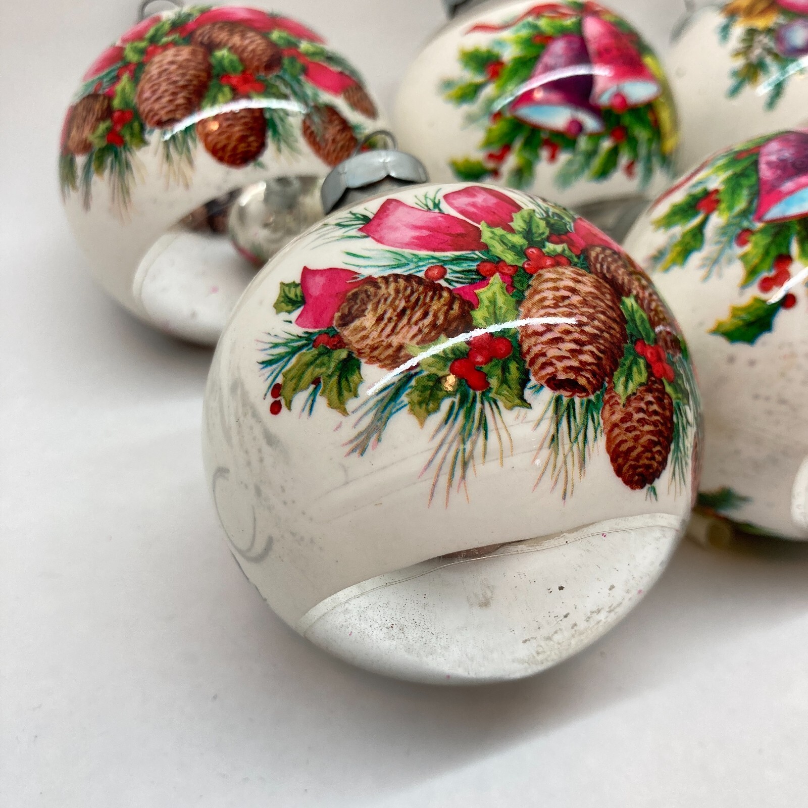 VTG Christmas Bulb Ornaments Round Shiney Victorian Silver Bells pinecone MCM 