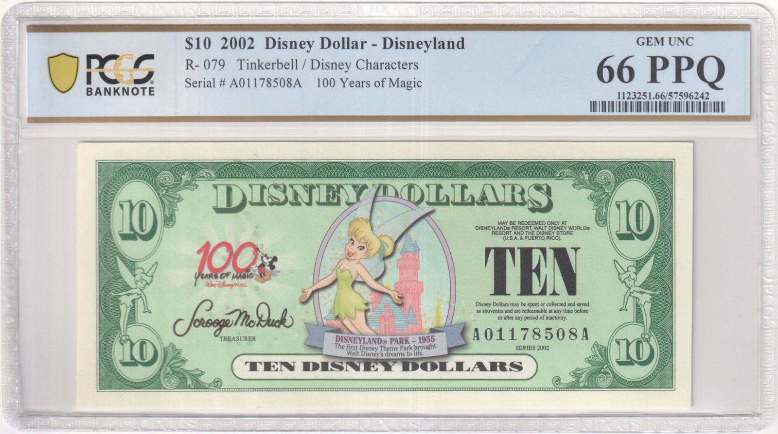 2002 R-079 $10 Disney Dollar Tinkerbell / Disney Characters PCGS Graded 66 PPQ 2002 R-079 $10 Disney Dollar Tinkerbell / Disney Characters PCGS Graded 66 PPQ