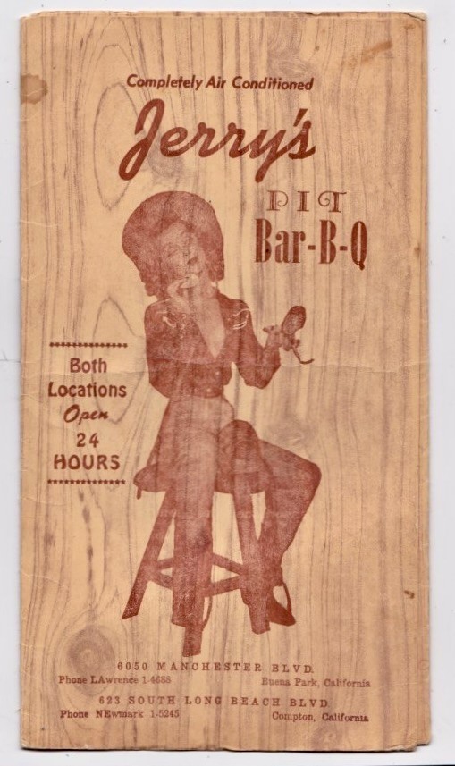 Vintage Rare COMPTON 1950's JERRY'S PIT Bar-B-Q + BUENA PARK, CA Menu-DRIVE-IN