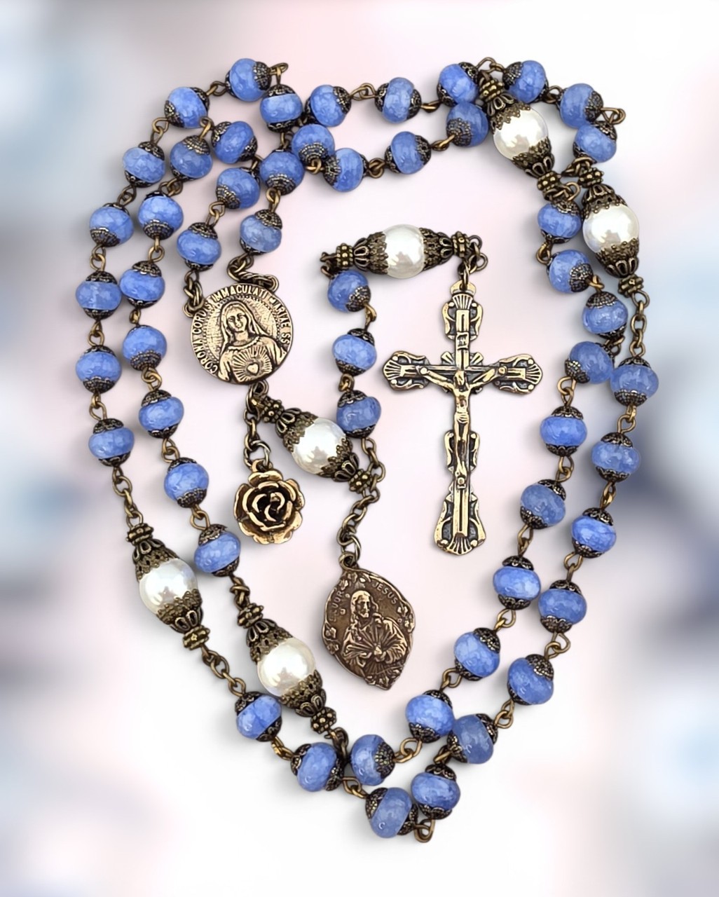 Immaculate and Sacred Heart of Mary & Jesus Rosary -Heirloom Bronze Blue Jade
