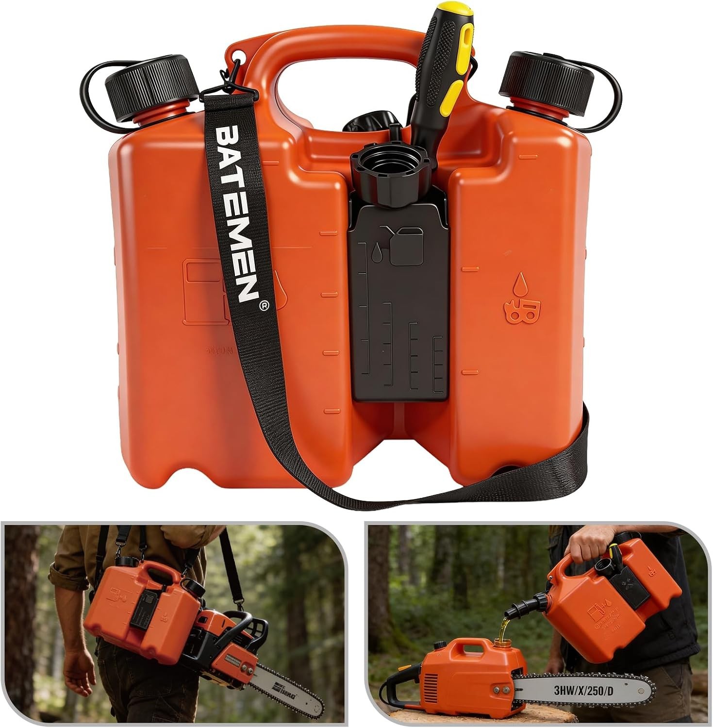 Dual-Chamber Chainsaw Fuel and Bar Oil Can,5L+3L Refueling Container with 2 Spou Dual-Chamber Chainsaw Fuel and Bar Oil Can,5L+3L Refueling Container with 2 Spou