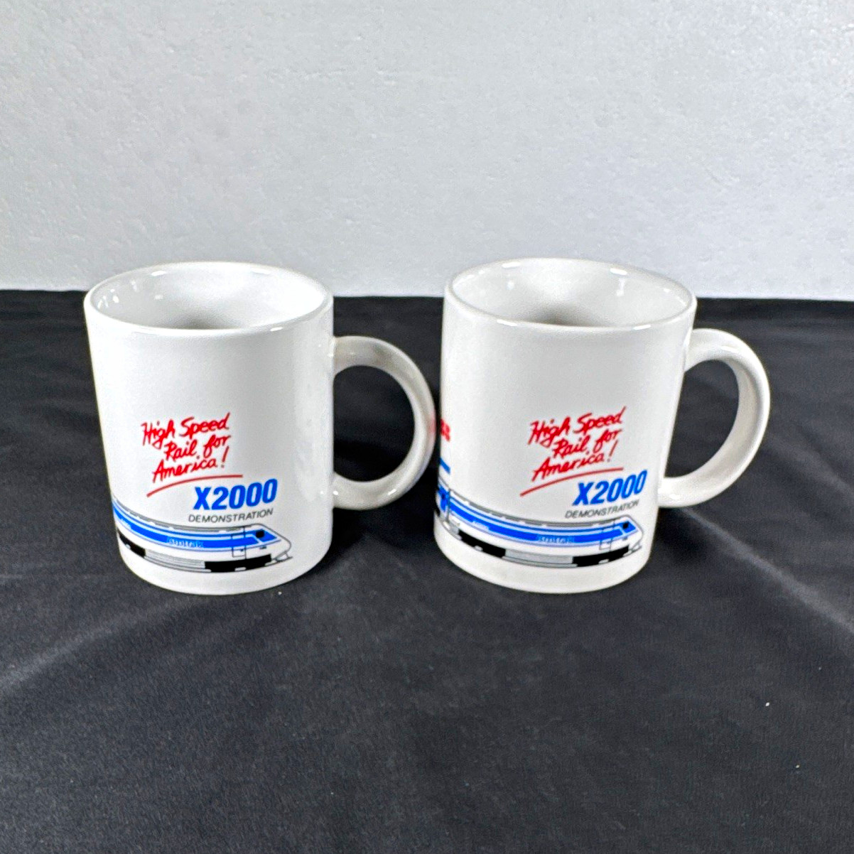 Vintage Amtrak X2000 High Speed Rail Demonstration Coffee Mug Cup Pair 1993 2pc.