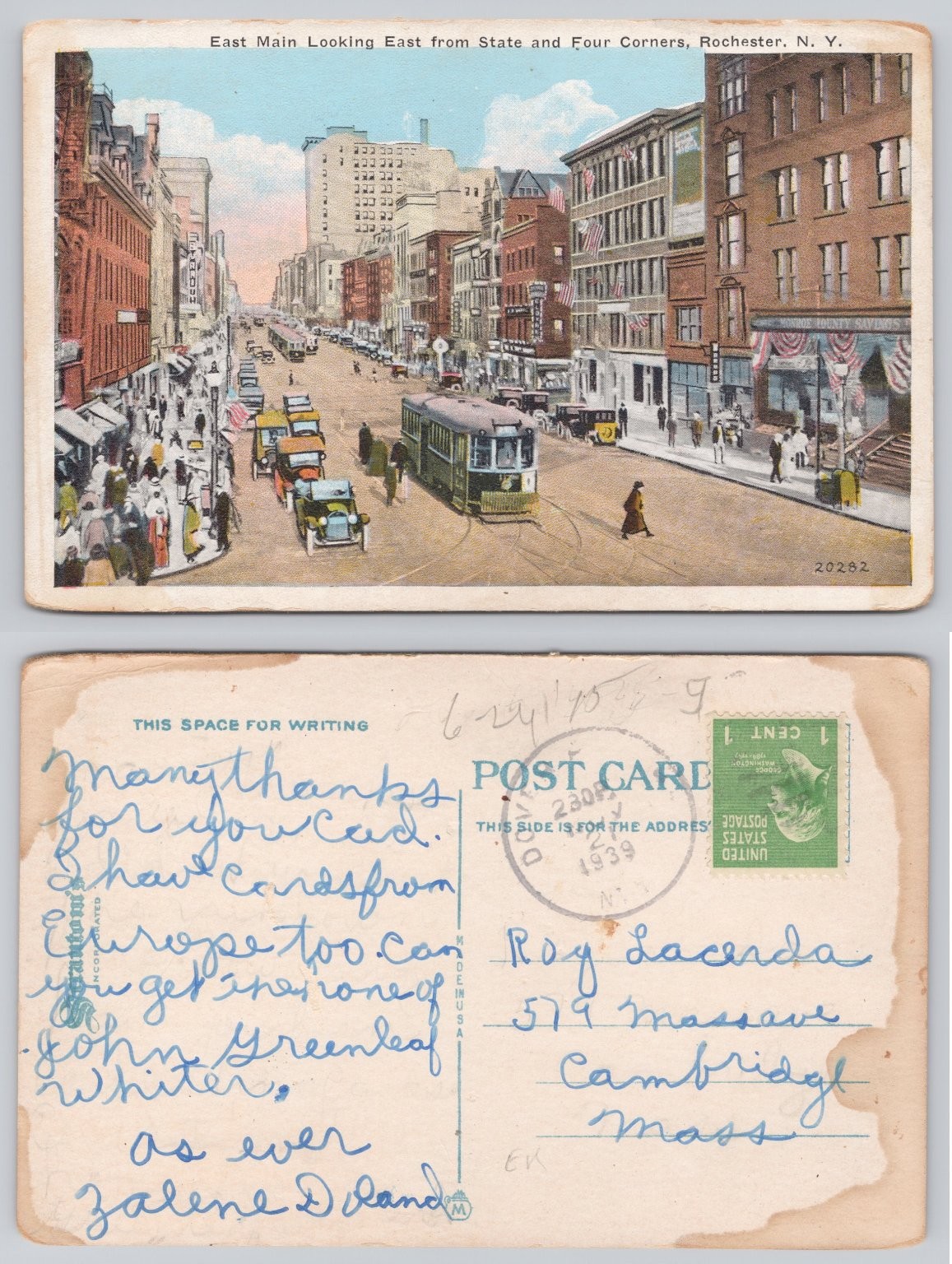 East Main Street Looking East, State & Four Corners, Rochester NY 1939 Postcard
