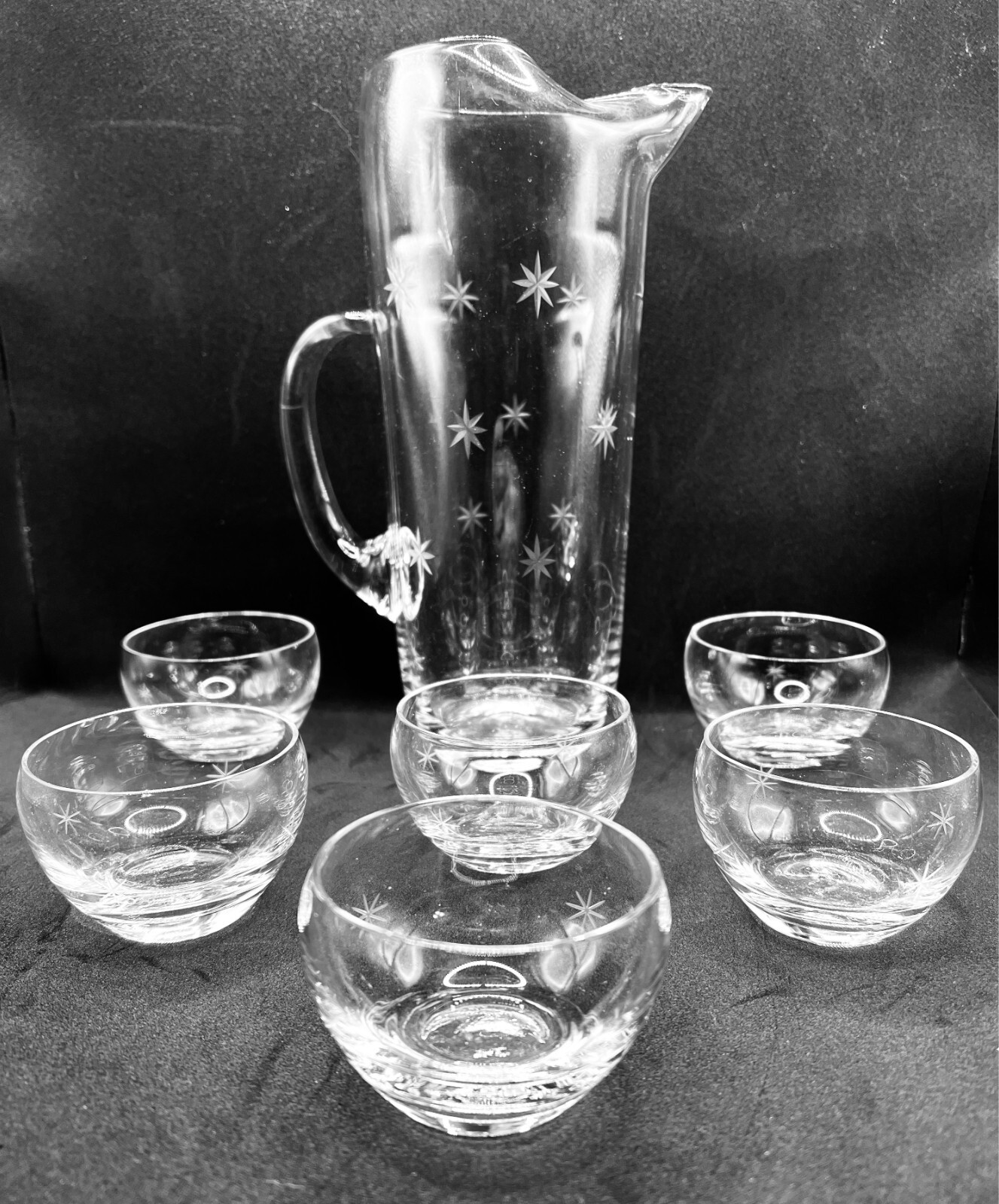 VINTAGE QUARTEZ MCM ATOMIC STARDUST PITCHER ROLY POLY GLASSES SET RETRO BAR CUPS