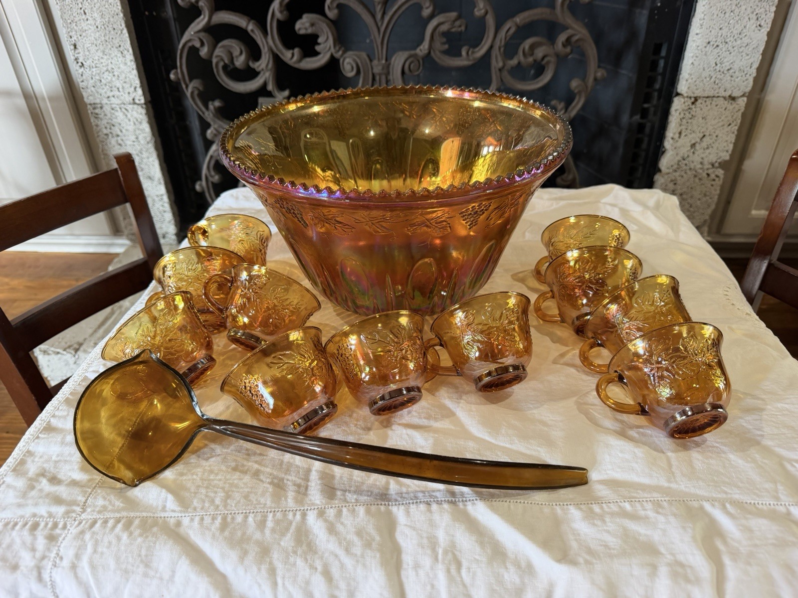 Indiana Glass Iridescent Marigold Carnival Glass Punch Bowl, 10 cups, Ladle