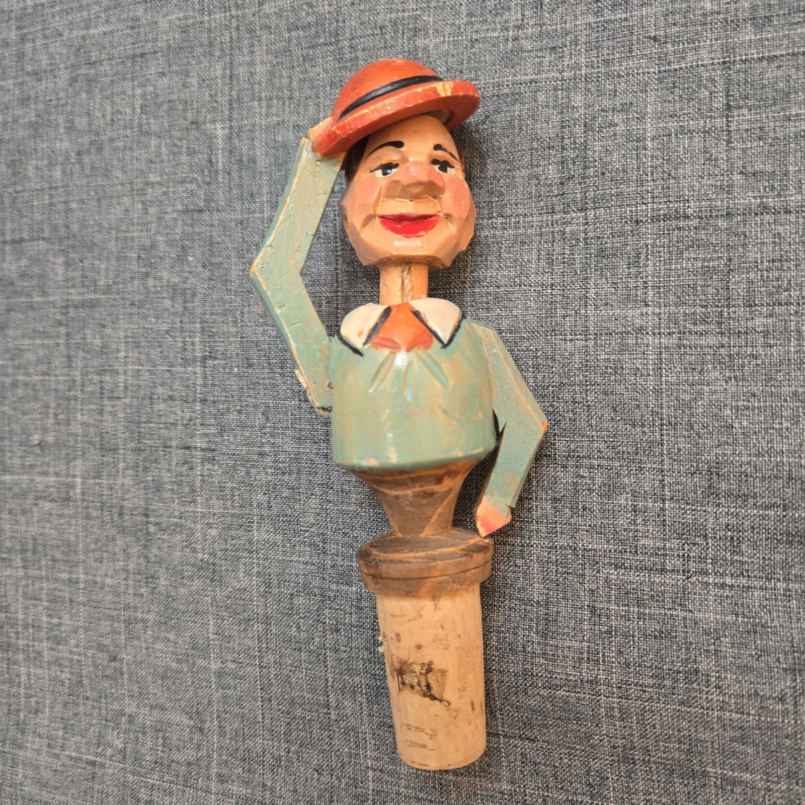 Vtg ANRI Mechanical Man Tipping Hat Cork Bottle Stopper Hand Carved Wood Works 