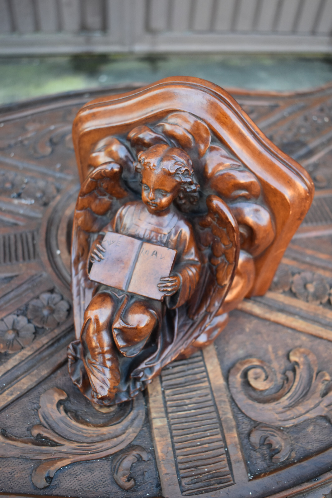 Vintage 1970s angel religious small wall console ave maria text Vintage 1970s angel religious small wall console ave maria text