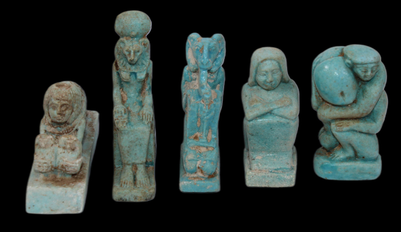 5 UNIQUE PHARAONIC ANCIENT EGYPTIAN Horus , Baboon , Nile Hippo Statues (JU)