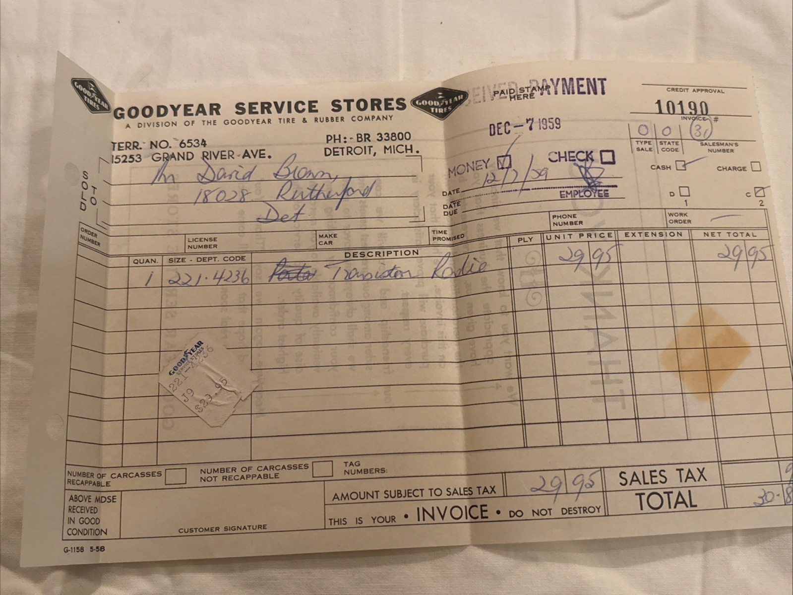 Vintage 1959 GOODYEAR Service Store Bill Invoice Detroit, Michigan Carbon Prop Vintage 1959 GOODYEAR Service Store Bill Invoice Detroit, Michigan Carbon Prop
