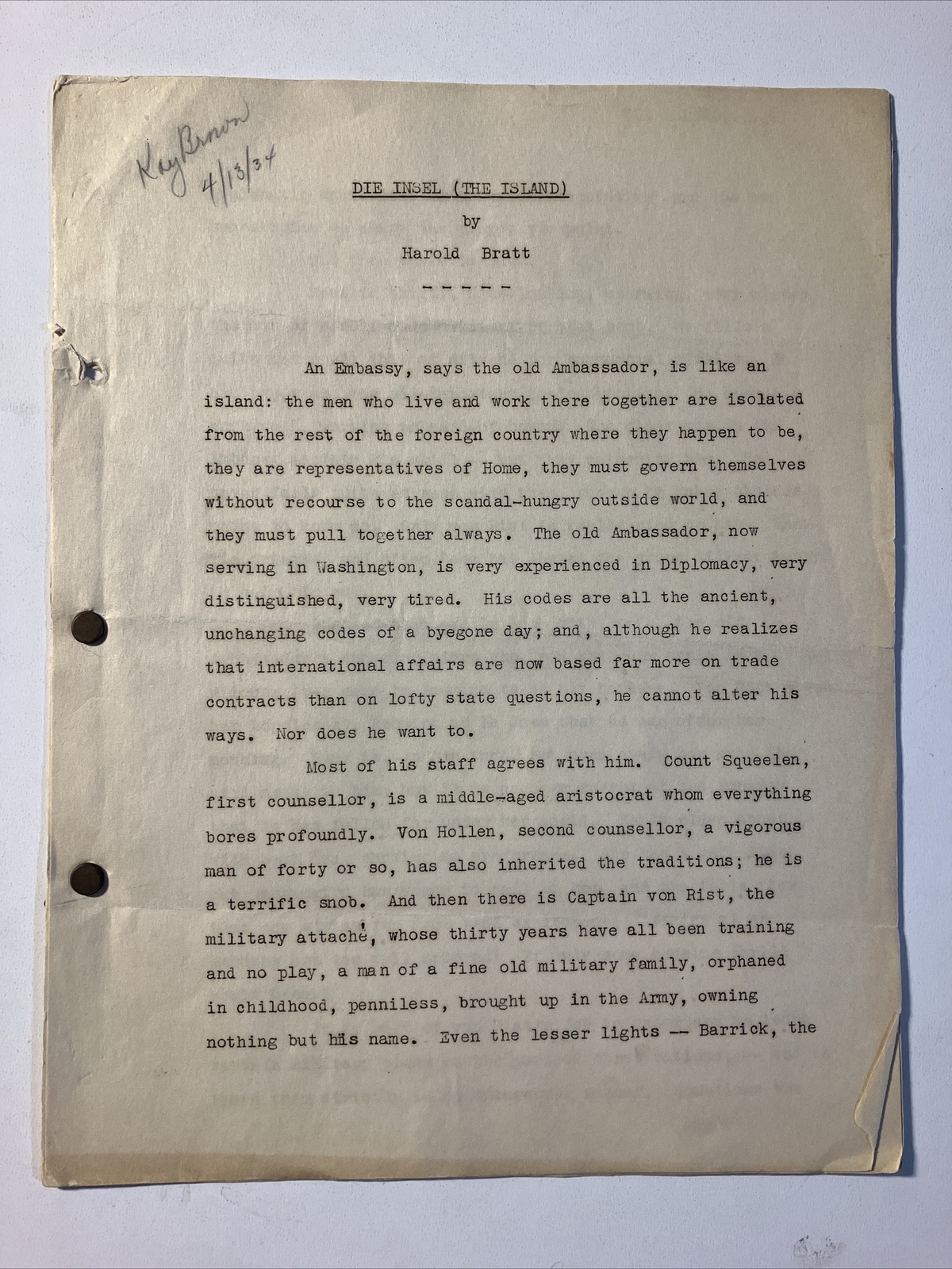 1934 Die Insel (The Island) By Harold Bratt Summary Of A German Play & Movie