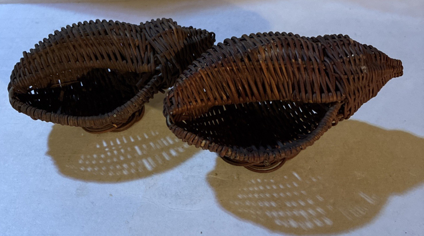 Two Vintage Unique Wicker Rattan Woven Baskets Seashell Shape Brown Two Vintage Unique Wicker Rattan Woven Baskets Seashell Shape Brown