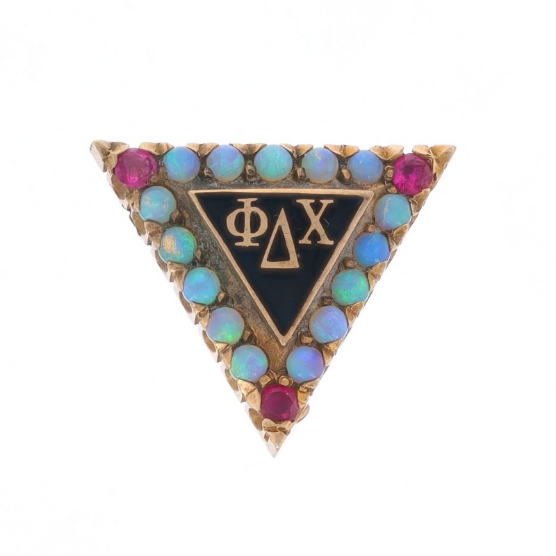 Yellow Gold Phi Delta Chi Badge 14k Ruby Opal 1910s1920s Pharmacy Fraternity Pin