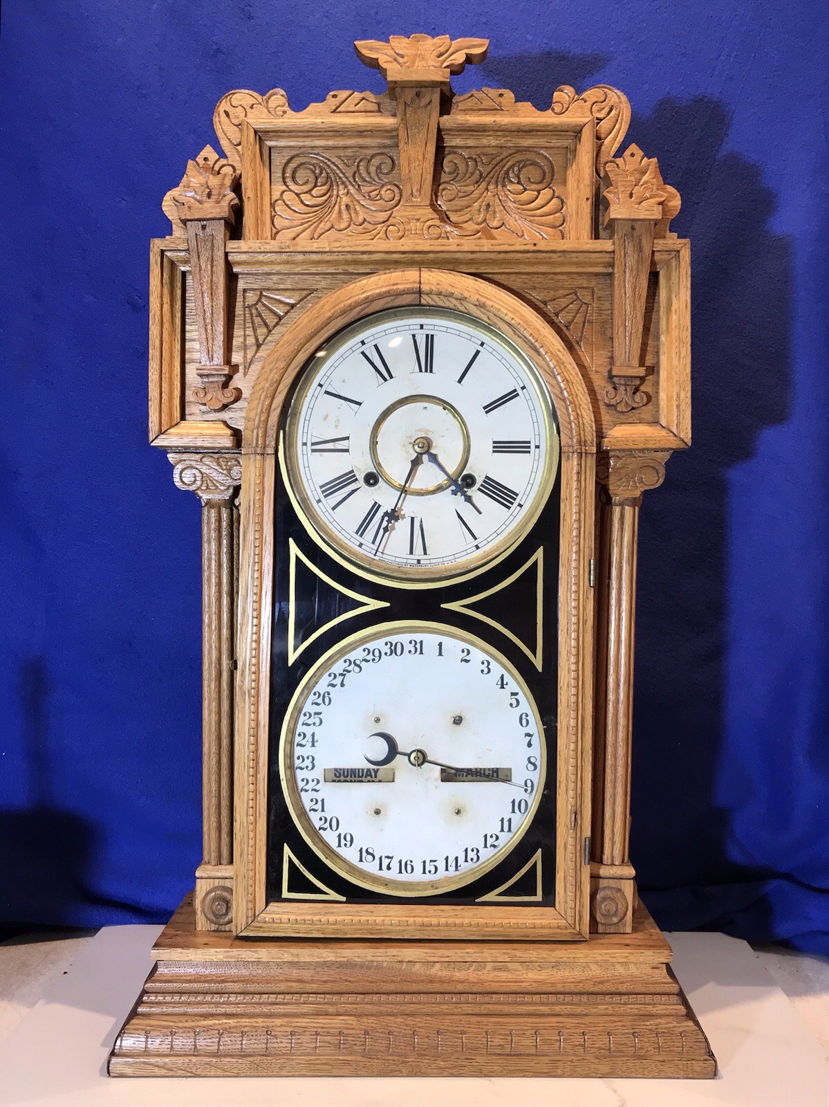 Vintage Antique USA Waterbury Double Dial ,Strike,Calendar Clock
