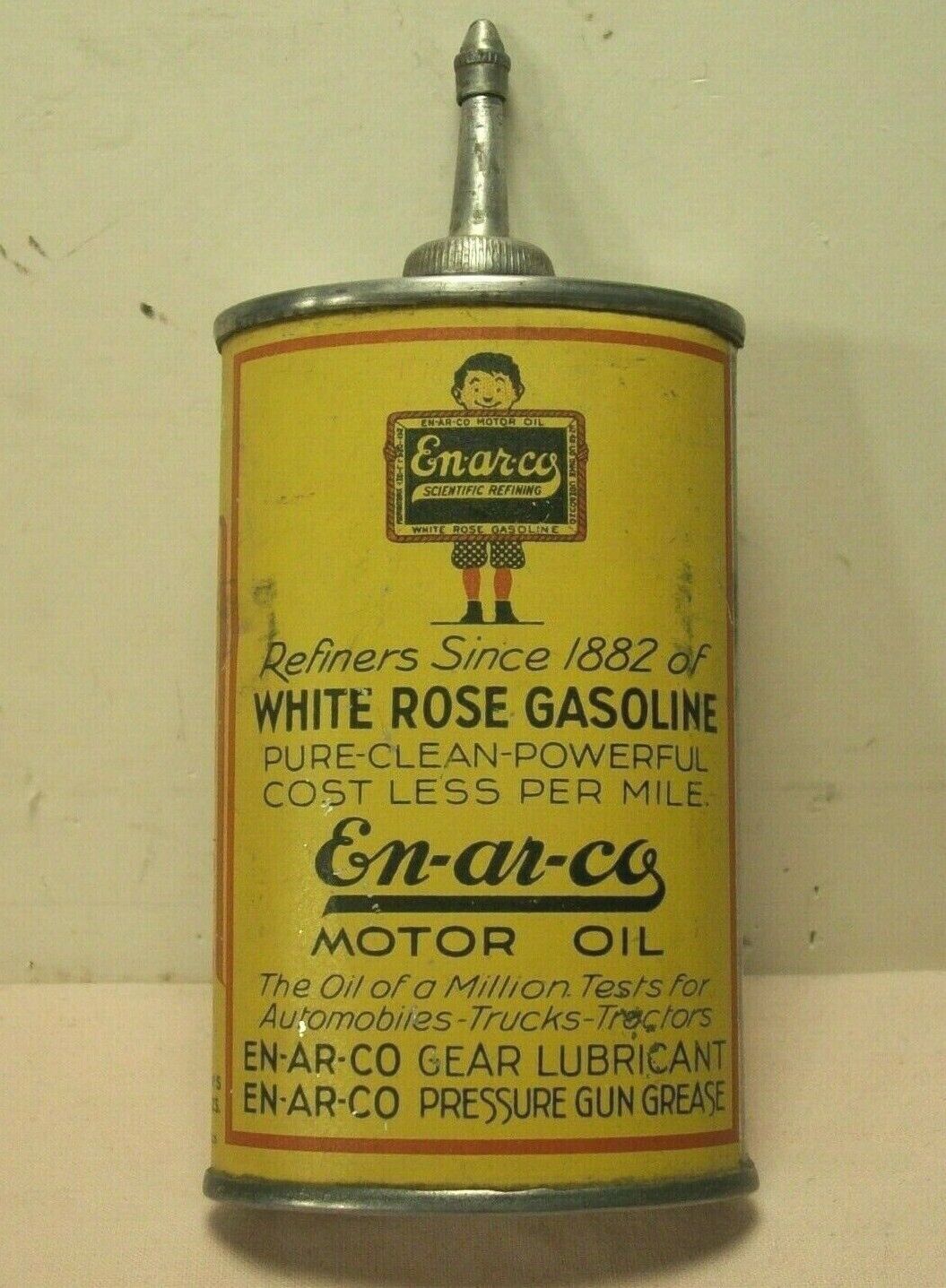 1920\'s EN-AR-CO HOUSEHOLD OIL CAN~LEAD TOP~WHITE ROSE GASOLINE ADVERTISING TIN~