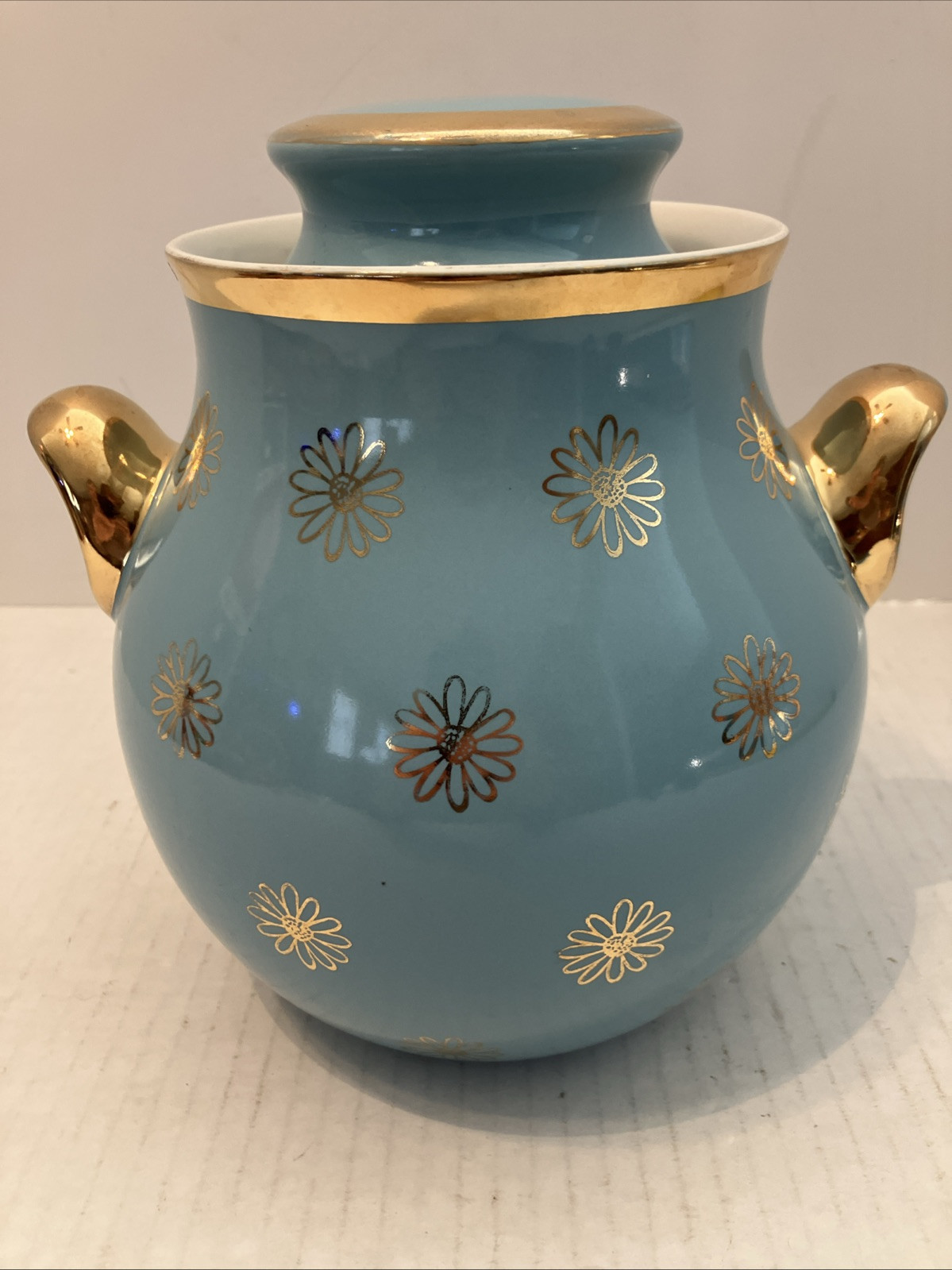 VINTAGE HALL'S SUPERIOR QUALITY KITCHENWARE COOKIE JAR BLUE/AQUA GOLD DAISIES