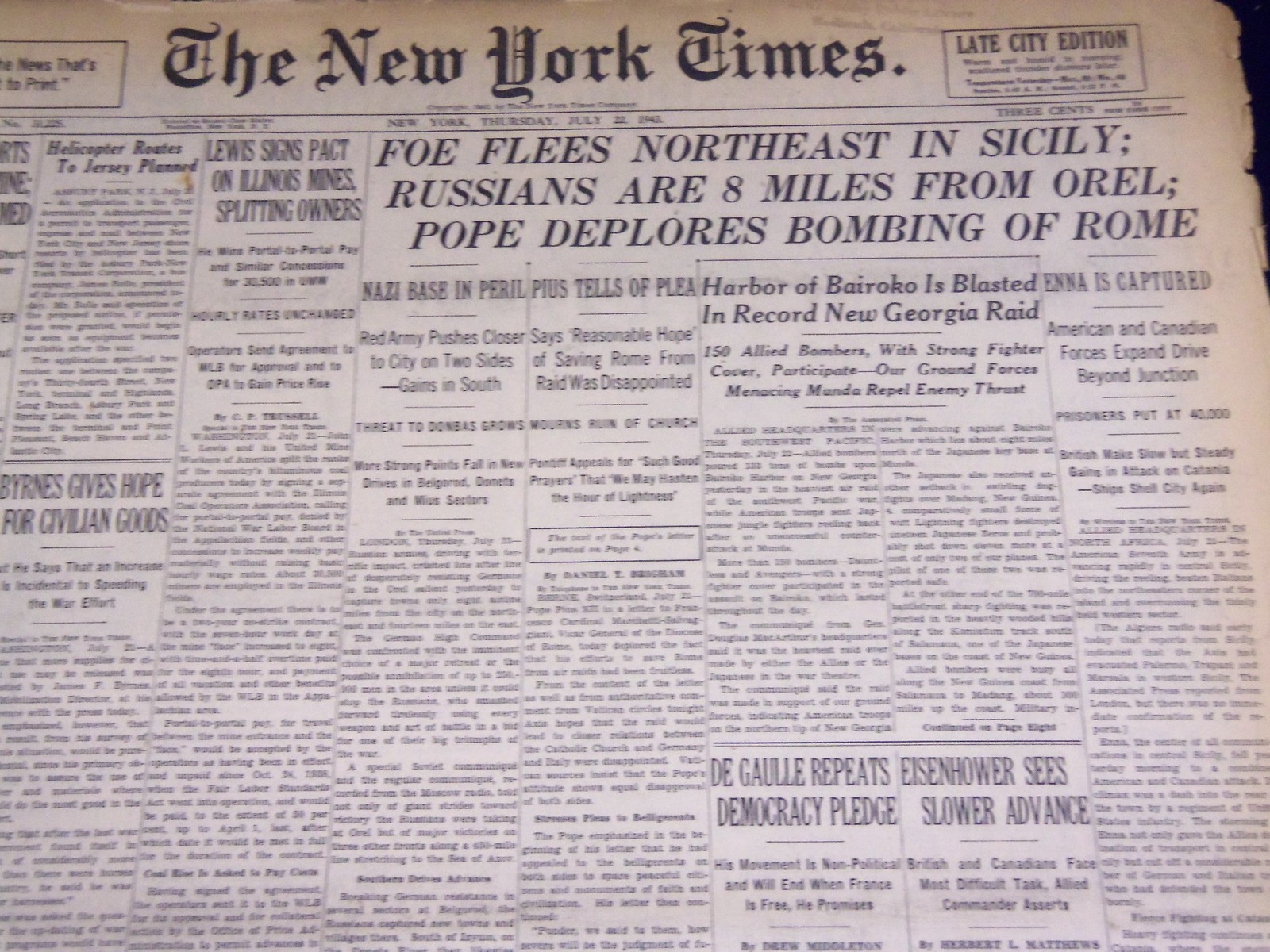 1943 JULY 22 NEW YORK TIMES - FOE FLEES NORTHEAST IN SICILY - NT 1887