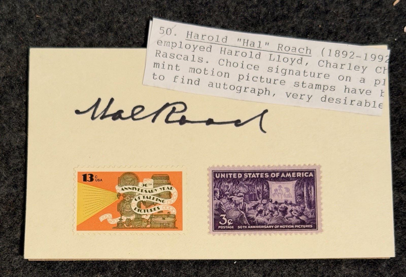 VINTAGE Hal Roach Autograph on card w. 50thAnniv. Cinema Stamps