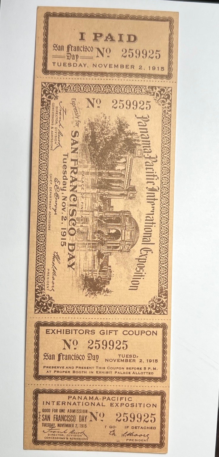 Antique 1915 PPIE Pan Pacific Expo San Francisco Day Unused Ticket w/ Both Stubs