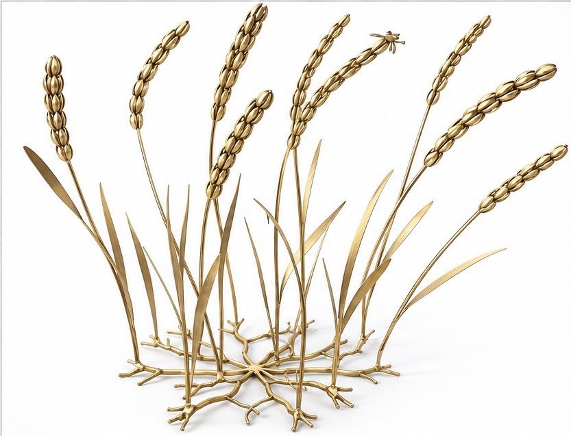 Vintage MCM Brass Wheat Sculpture w/ Bee Insect 15” Handmade Botanical Art