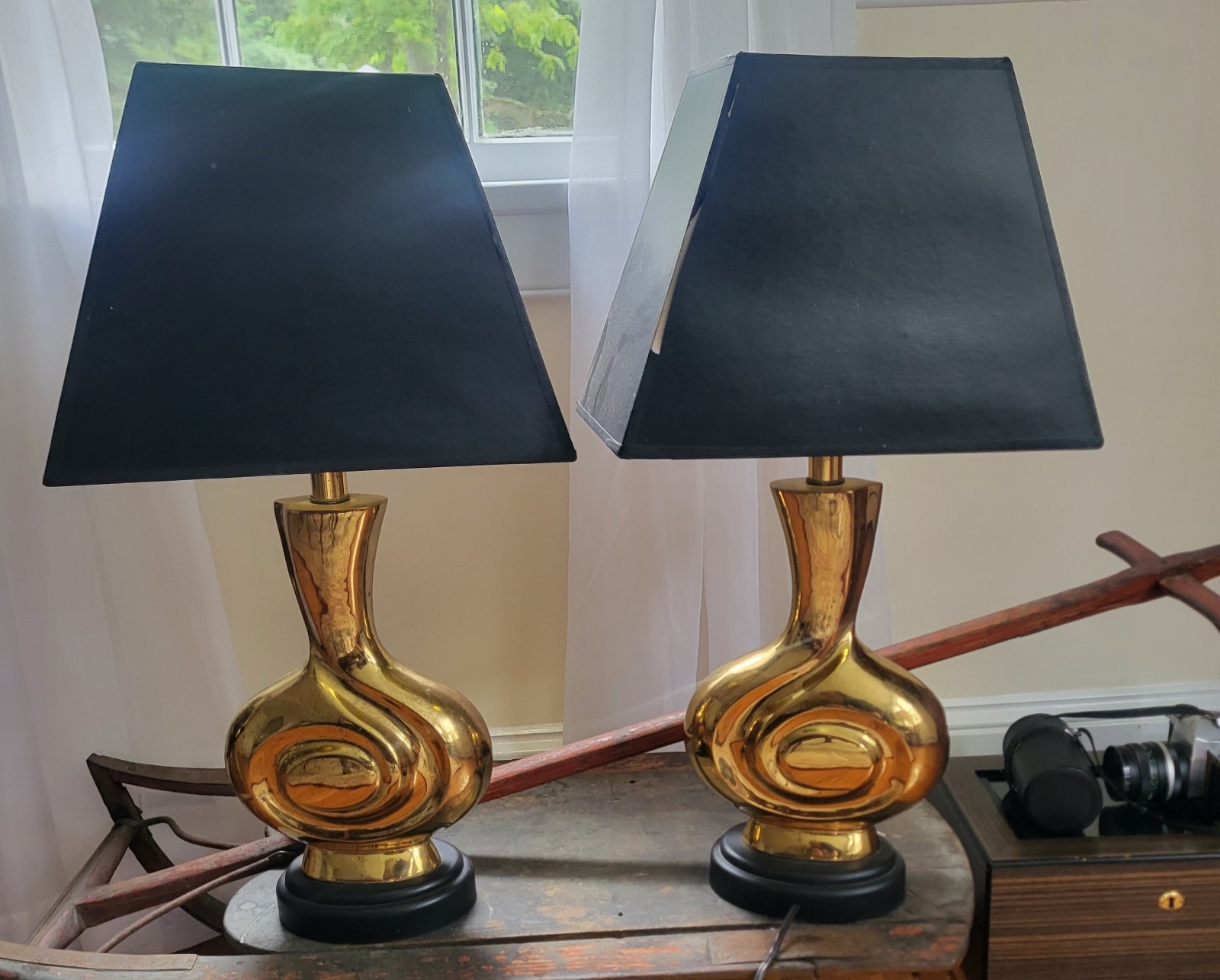 Pr Vintage 70s Italian Solid Brass Lamps 3-Way High Society Pierre Cardin Style Pr Vintage 70s Italian Solid Brass Lamps 3-Way High Society Pierre Cardin Style