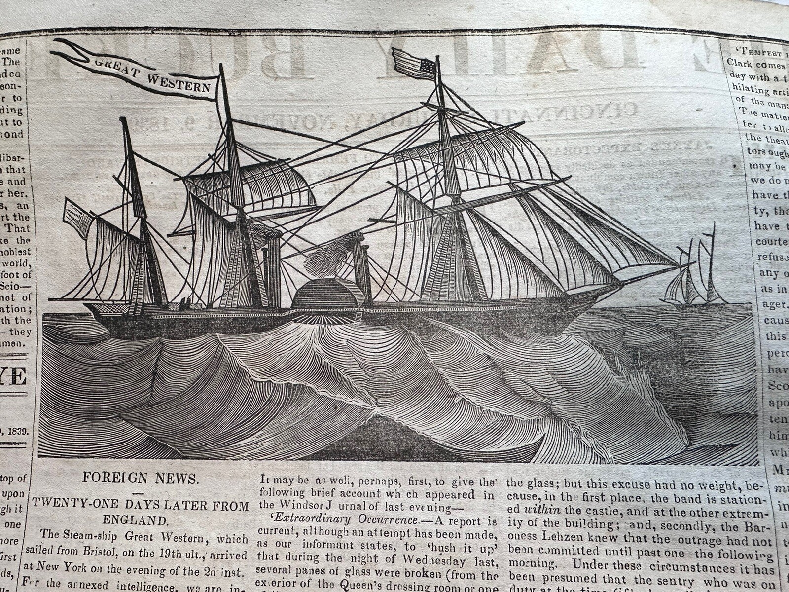 1839 SS Great Western Steamer Steamship Newspaper W/ Engraving Steam Ship Boat