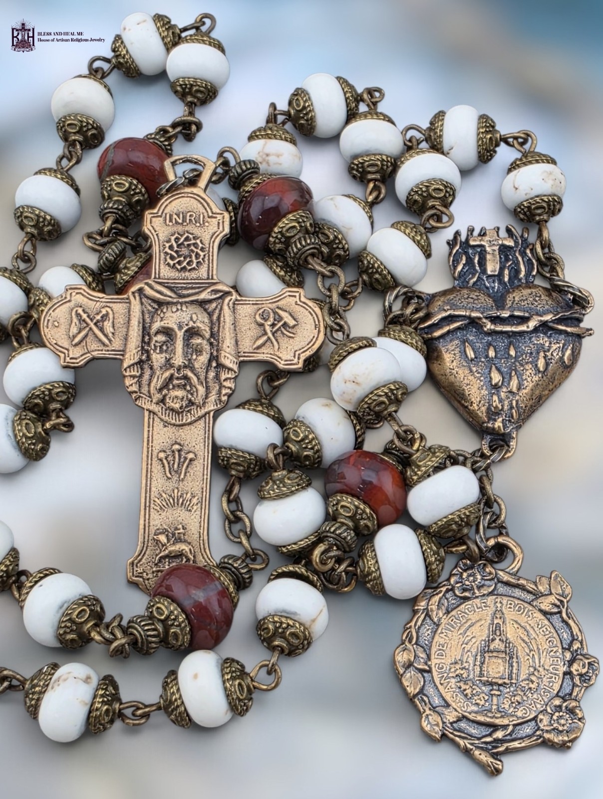 Holy Face of Jesus Chaplet | Bronze| Sacred Bleeding Heart | White Howlite