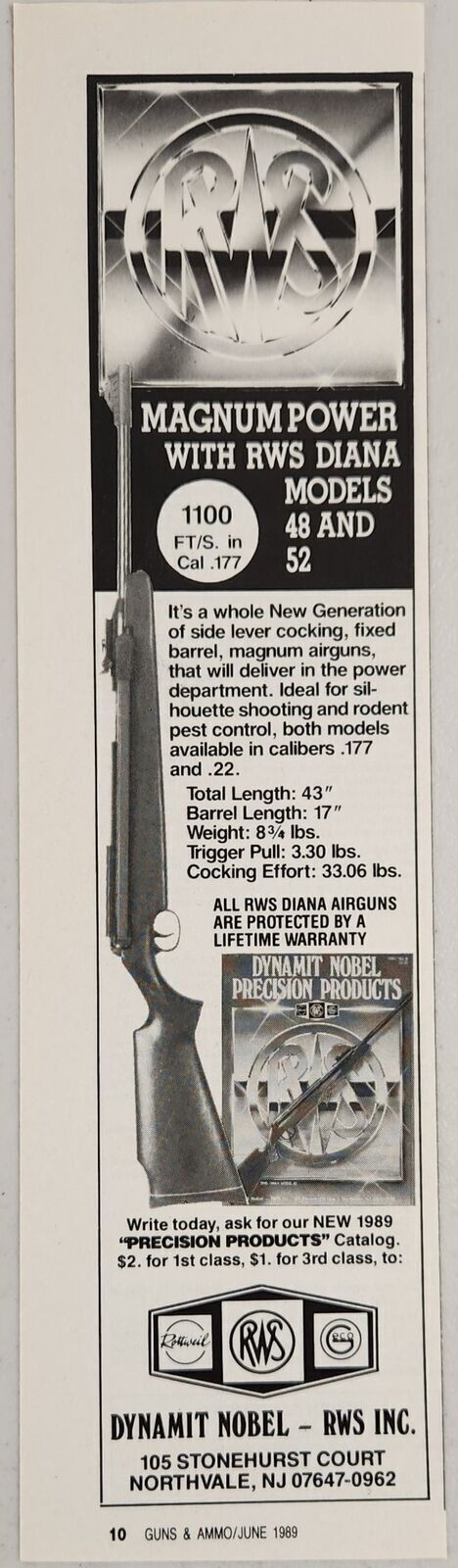 1989 Print Ad RWS Diana Air Rifles in .177 Caliber Dynamit-Nobel Northvale,NJ