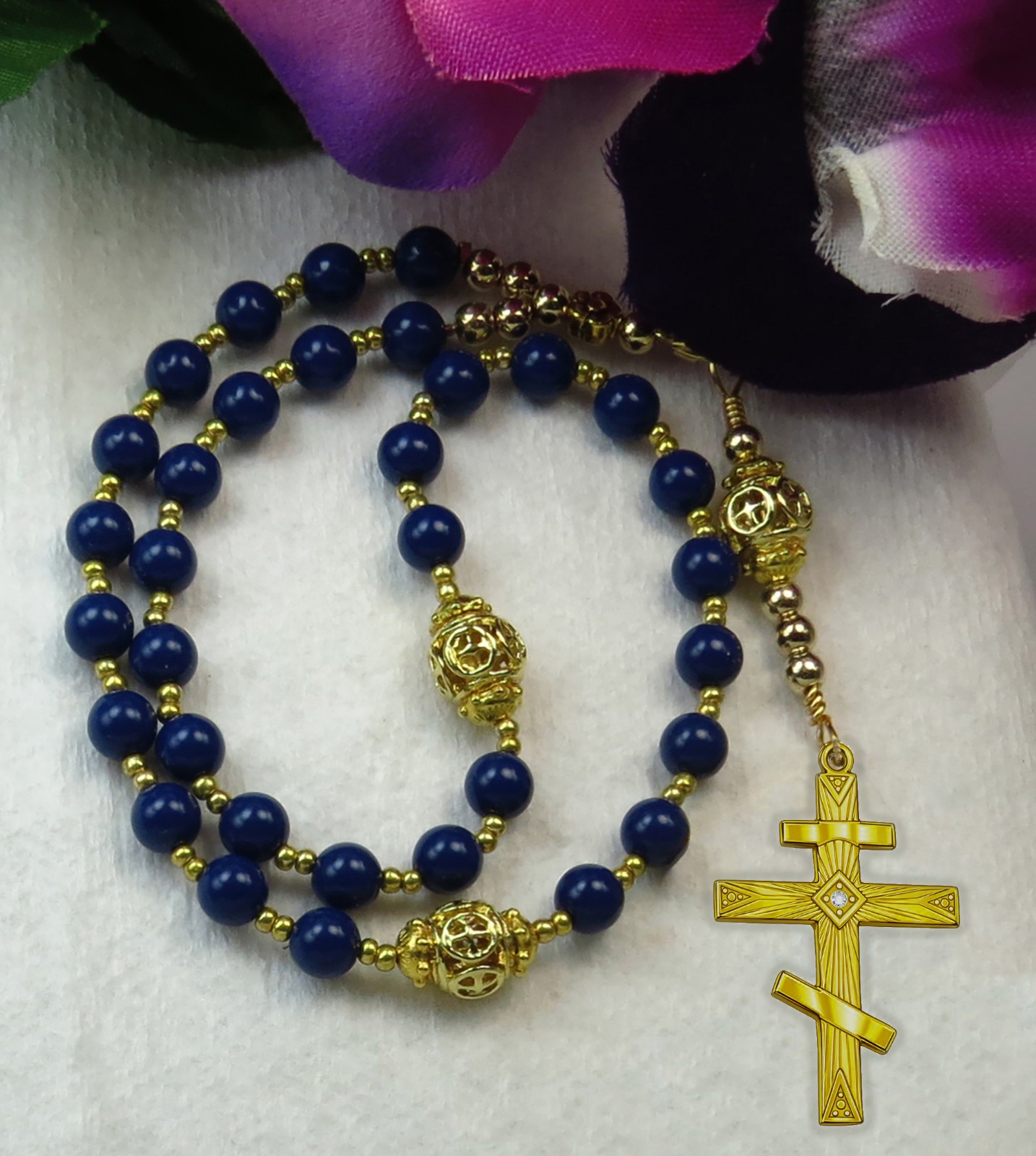 Handmade Orthodox Rosary, Chotki, Blue Shell Pearl, Golden Stainless Steel Cross