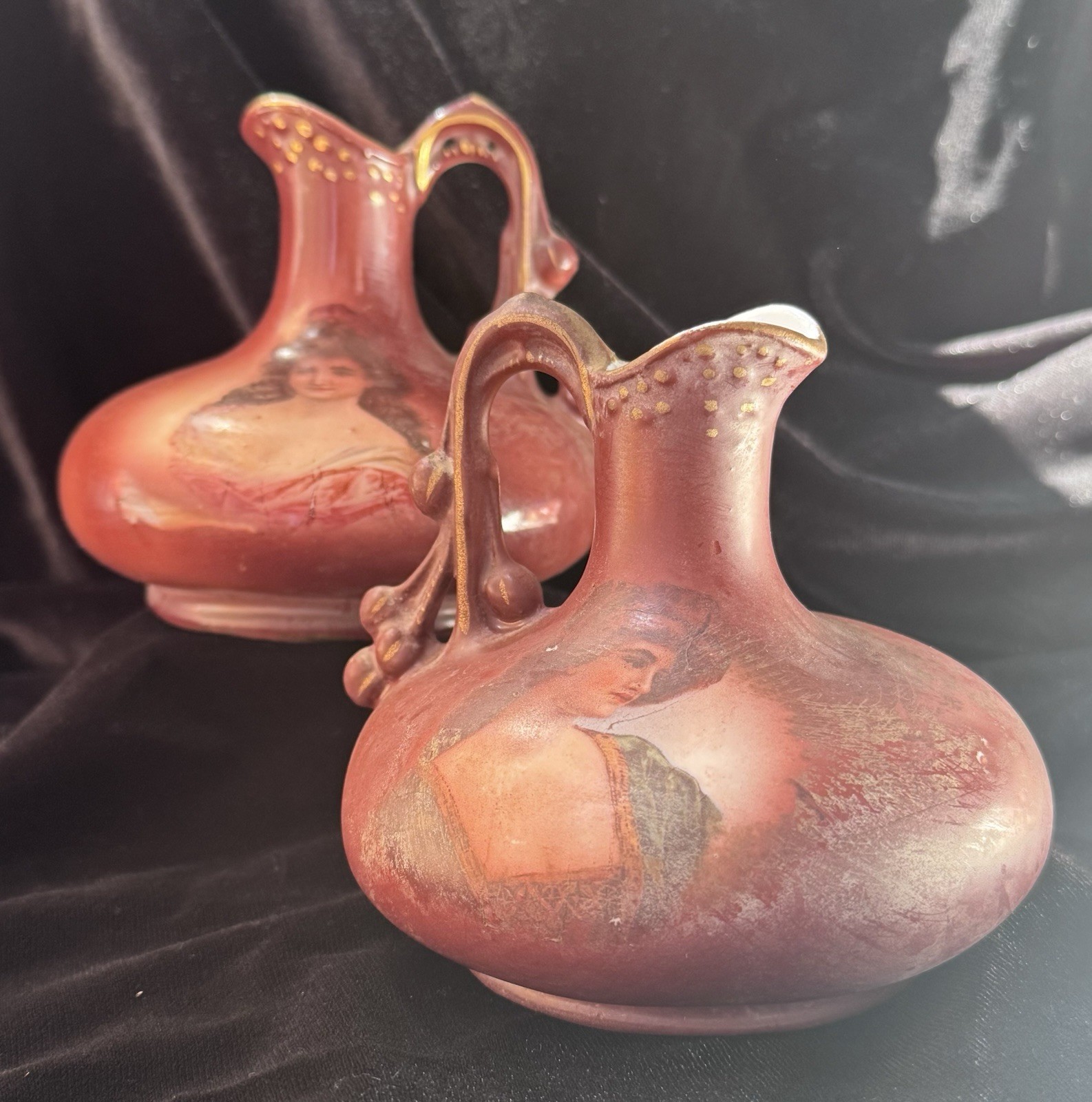Pair Antique 1890s Austrian Miniature Ewer Vases Red Portrait of Woman 4\