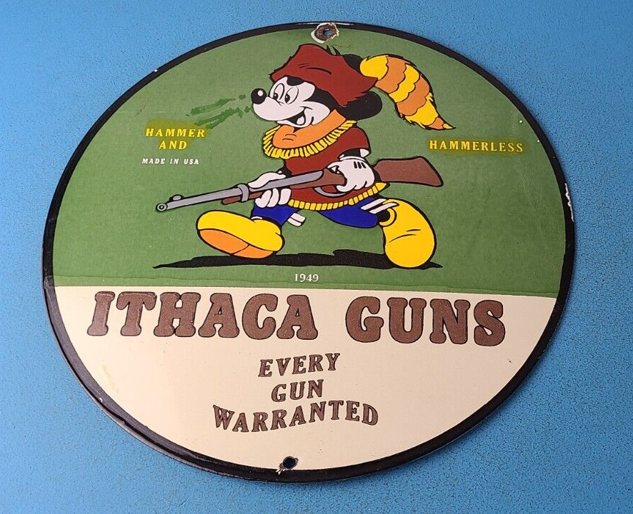 Vintage Ithaca Guns Sign - Mickey Mouse Sign - Firearm Porcelain Gas Pump Sign